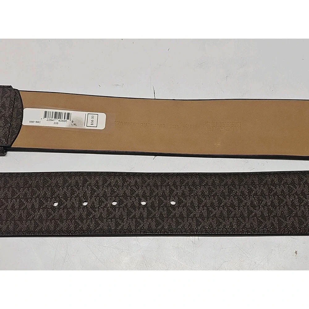 Michael Kors Belt Size L/XL Elastic Stretch Signature Brown Logo Gold Buckle NWT